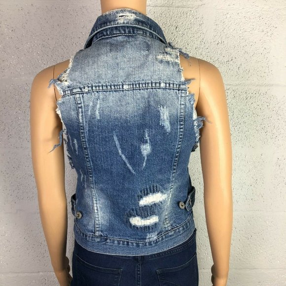 Vintage Havanna Distressed Sleeveless Denim Vest Jacket Style Hood Size S - Picture 3 of 10